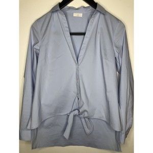 J JILL Women’s Crisp Blue Cotton Stretch Tie-Front High-Low Hem Shirt Oversized